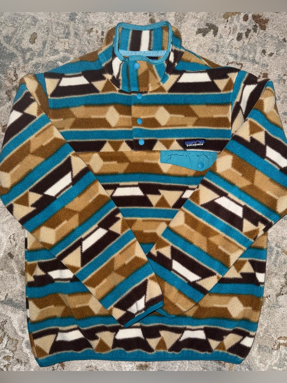 Patagonia Teal, Brown and Cream Geometric Fleece Snap Up Pullover